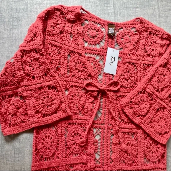 Raj Coral Crochet Longline Open Cardigan duster - Picture 2 of 5